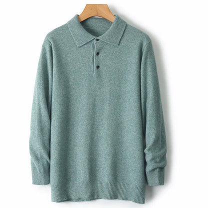 Men's woolen polo collar pullover sweater in seven colour options with long sleeves and textured stitching details