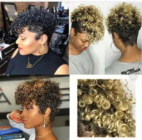 Women's short synthetic wig in simple rolls exotic style, shown in black, brown, gold, and grey colour options.