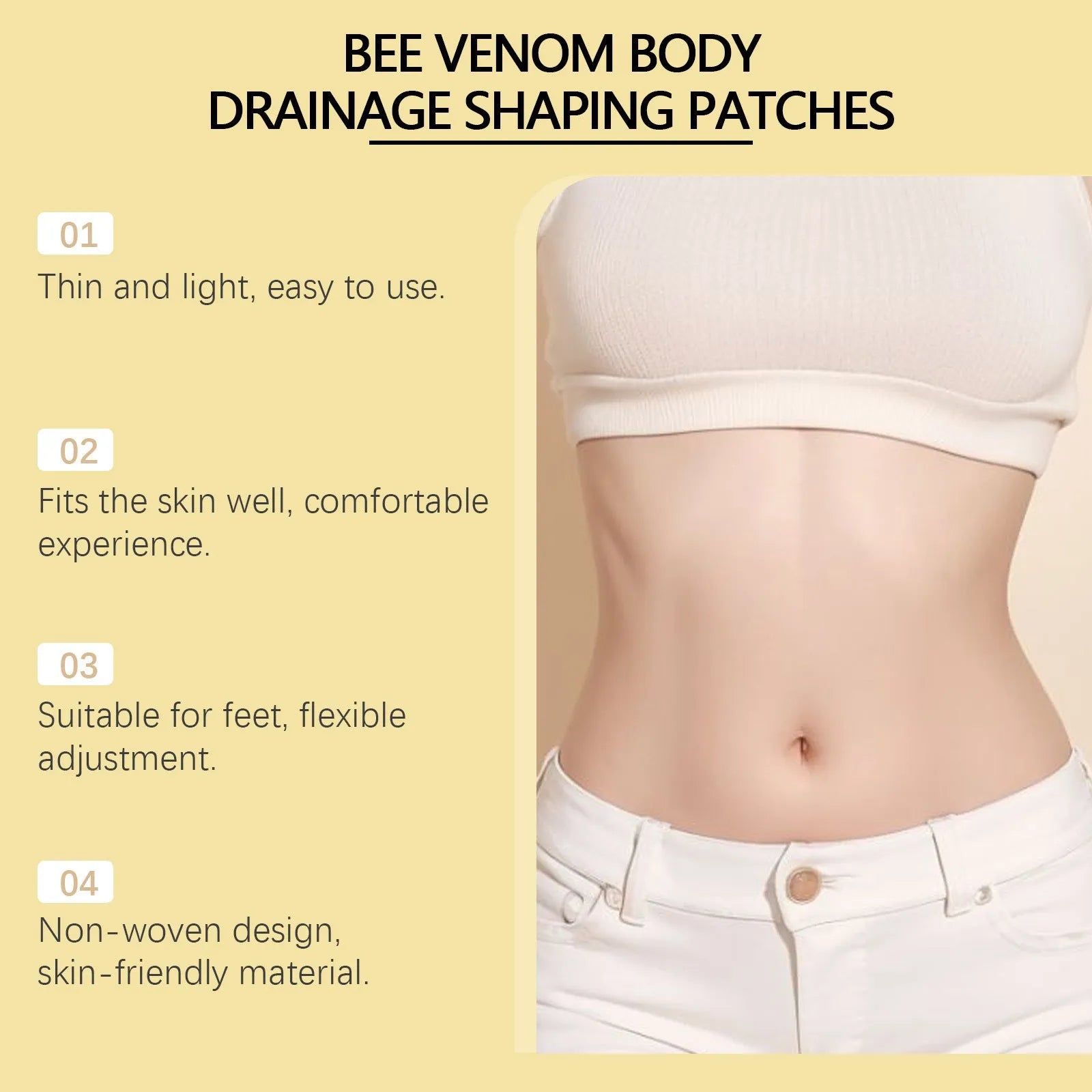 Pack of ten white bee venom and mugwort slimming foot care patches on blue background