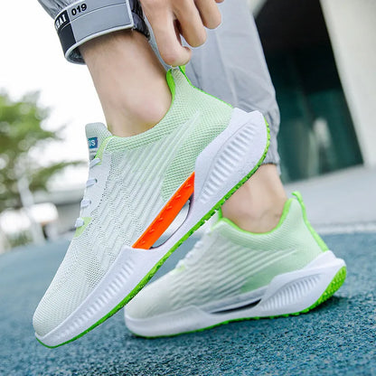 Men's blue mesh casual shoes with round toe and plastic sole on a white background.
