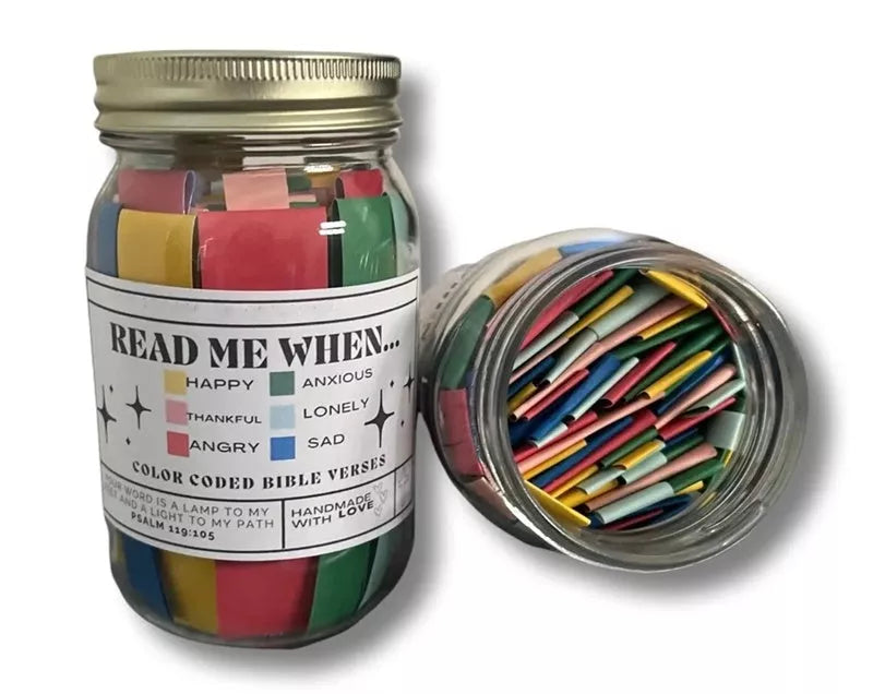 Handmade Bible Verses Jar with 67 color-coded verses for emotional support