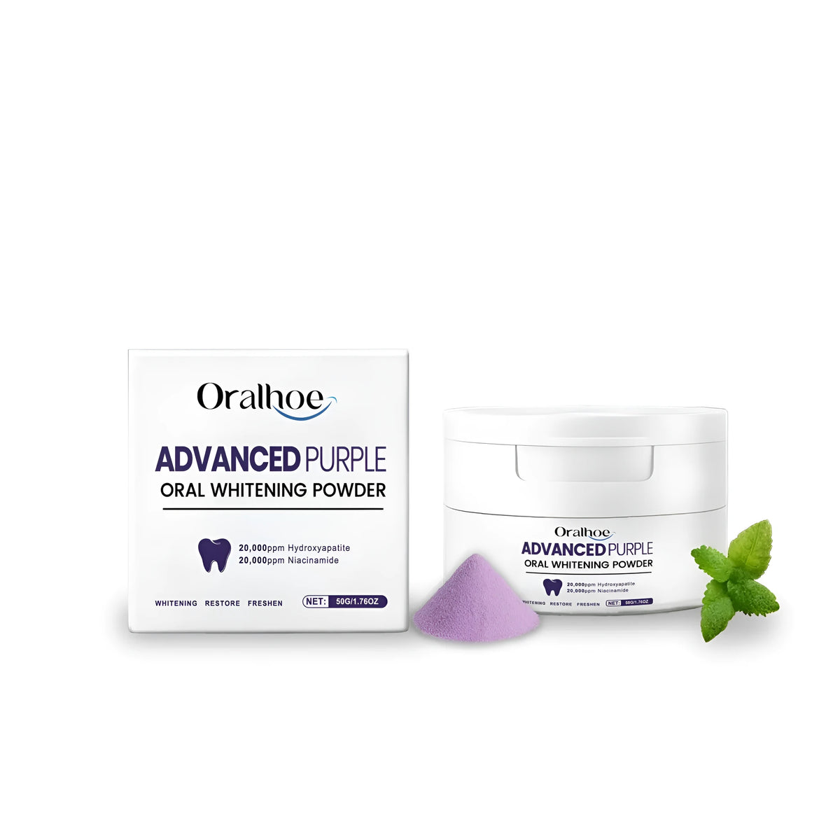 50g container of hydroxyapatite and sodium bicarbonate tooth powder with natural mint and lavender.