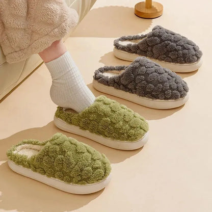 Unisex cartoon plush slippers with memory foam heels and anti-skid EVA soles in pink, green, beige, gray and brown