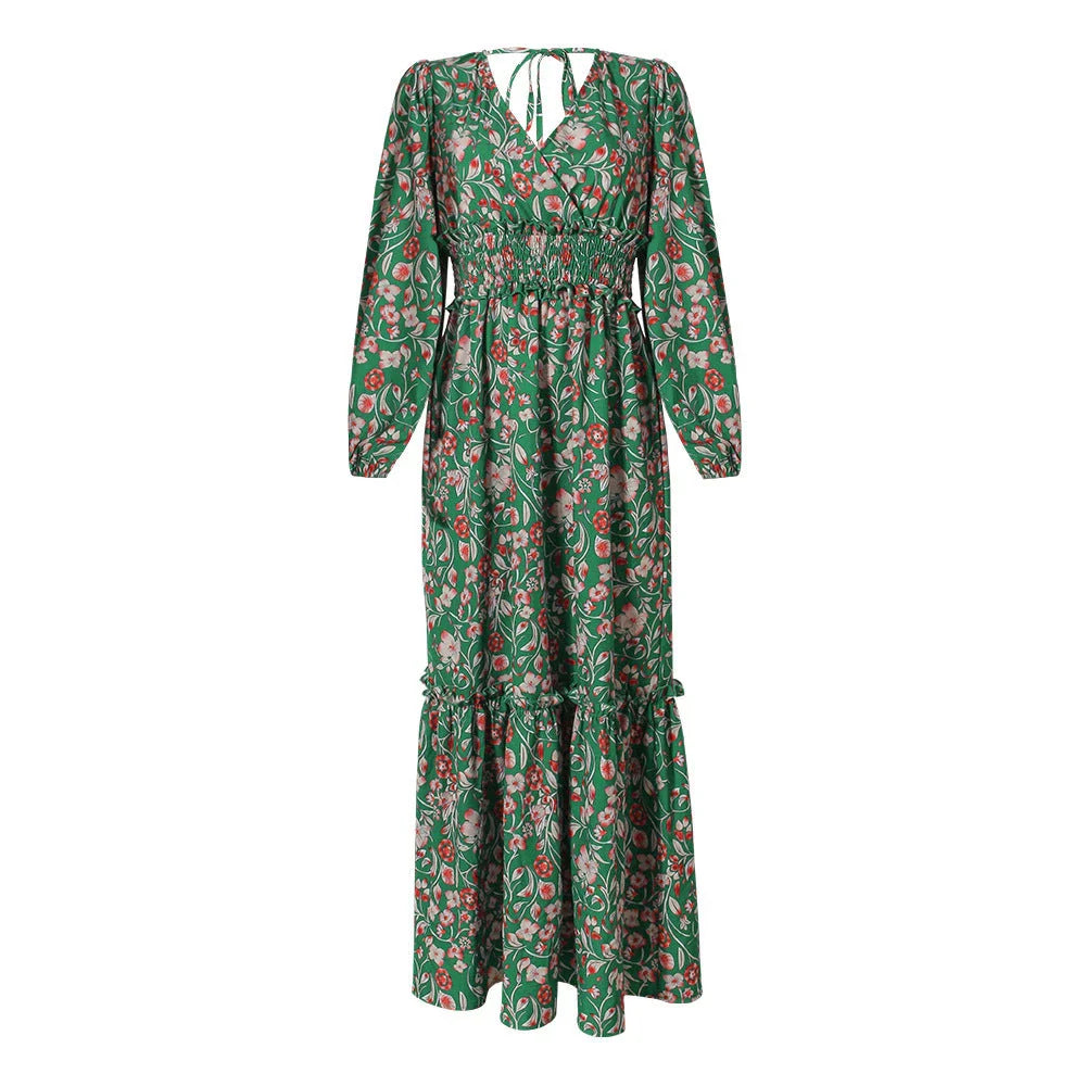 Elegant green printed halter dress with flared sleeves, made of high-quality polyester fabric