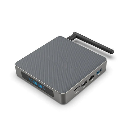 Android TV set-top box with remote control, supporting 8K resolution and Bluetooth.