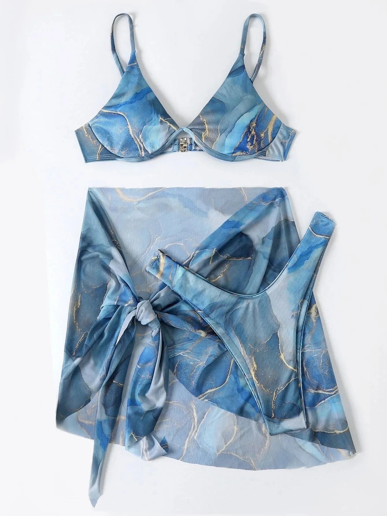 Marble print lingerie-style bikini swimwear 3-piece set with bra, panties, and skirt in polyester fabric