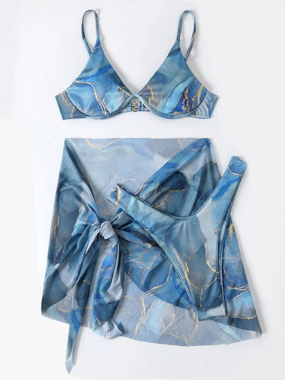 Marble print lingerie-style bikini swimwear 3-piece set with bra, panties, and skirt in polyester fabric