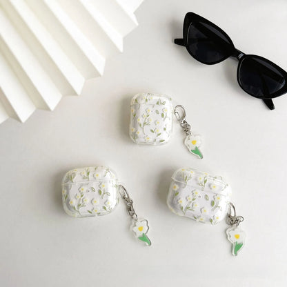 Clear white floral TPU protective cover on an Apple AirPods Pro charging case.