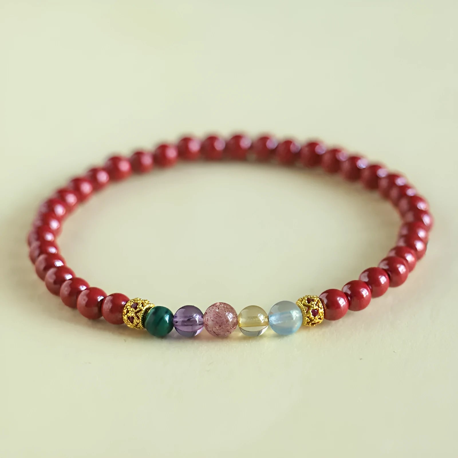 Purple gold cinnabar crystal string beads bracelet showing 4mm and 6mm size options