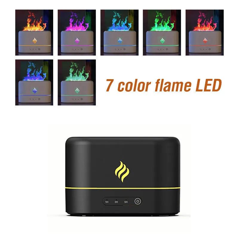 USB-powered humidifier with seven-colour simulated flame effect showing black and white colour options