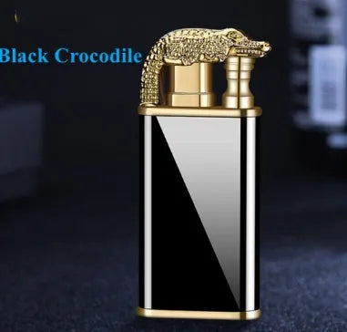Metal windproof lighter with double flame and dragon design, showing flame from mouth.