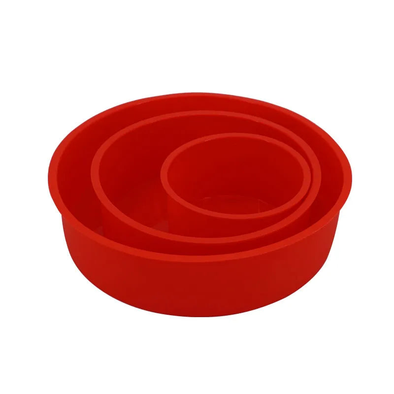 Red round silicone cake mould set showing 4-inch, 6-inch, and 8-inch sizes for baking trays