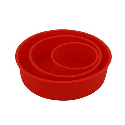 Red round silicone cake mould set showing 4-inch, 6-inch, and 8-inch sizes for baking trays