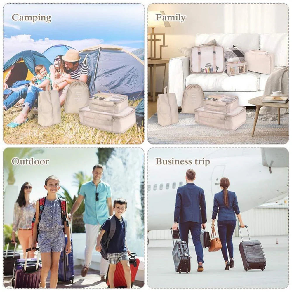 8-piece set of travel packing organisers in various colours for efficient luggage packing