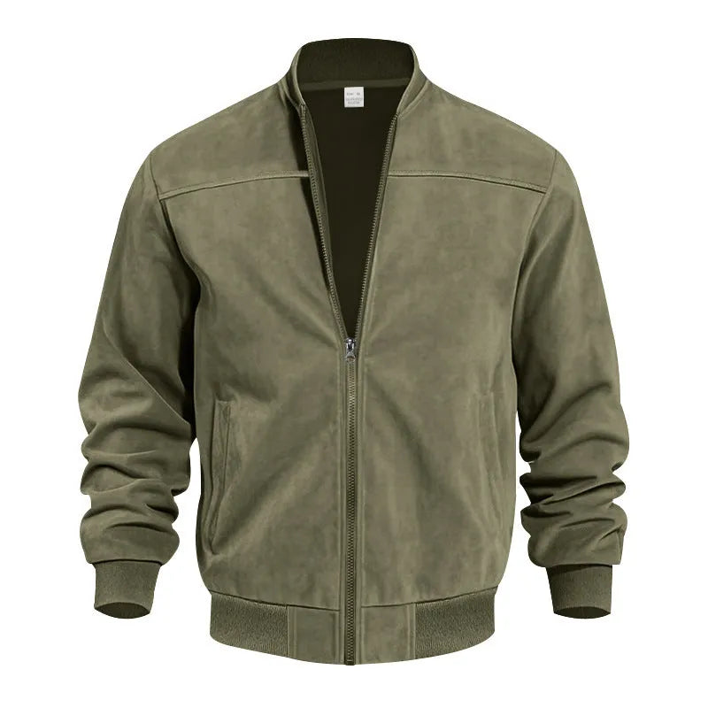 Men's plus size suede jacket in army green with regular fit and cotton lining, sizes S to XXXL.