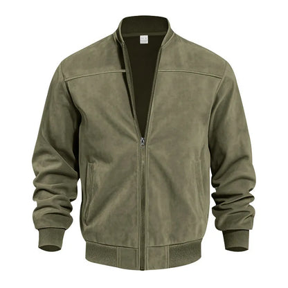 Men's plus size suede jacket in army green with regular fit and cotton lining, sizes S to XXXL.