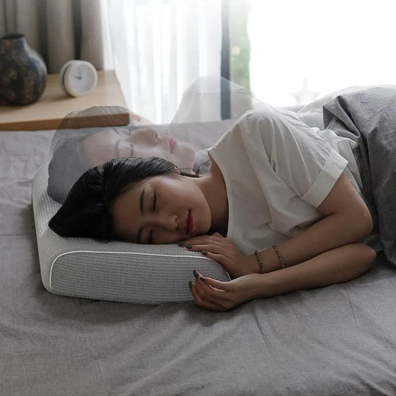 Grey memory foam neck support pillow with knitted cotton cover and adjustable inserts