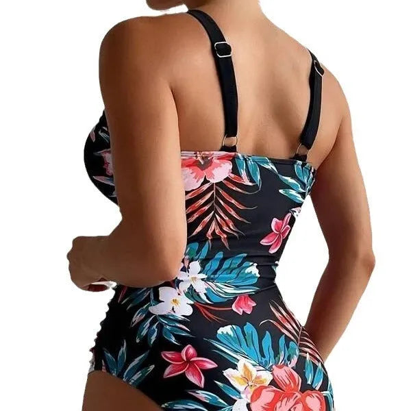 Women's floral pattern backless one-piece swimsuit in spandex-polyester fabric for swimming