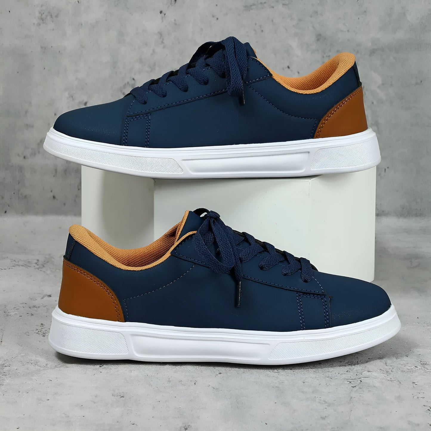 Casual beige brown platform skateboard sneakers with a low-top PU upper, round toe, and cross-strap detail