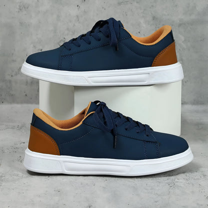 Casual beige brown platform skateboard sneakers with a low-top PU upper, round toe, and cross-strap detail