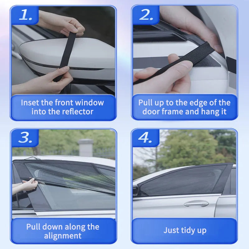 Elastic car side window sunshade made of grey mesh, stretched over a car window frame.