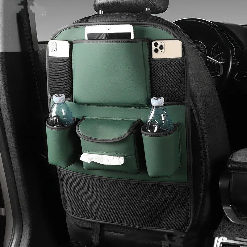 Genuine leather car seat back storage bag hanging from a headrest, shown in brown colour.