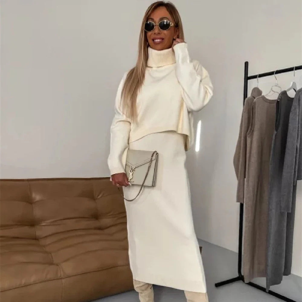 Winter women's 2-piece sweater suit with turtleneck pullover and sleeveless long dress