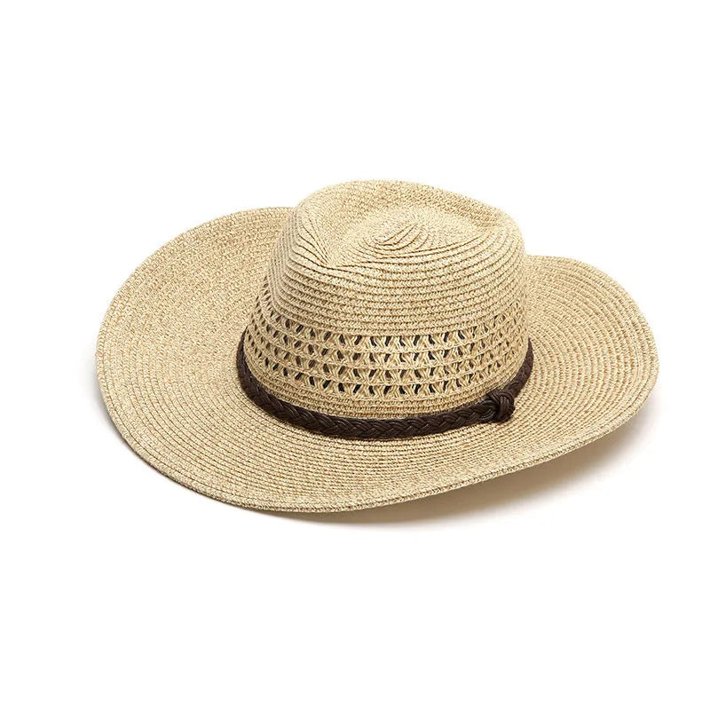 Men's foldable straw sun hat with wide brim in beige colour showing size options