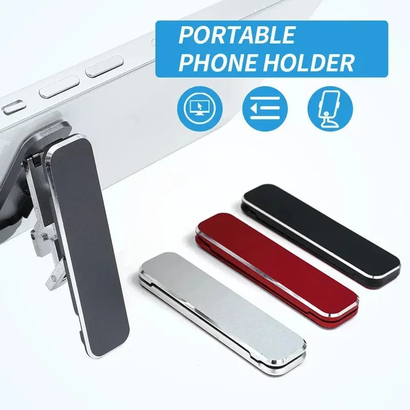 Aluminium folding mobile phone holder with backstick adhesive shown in black colour at 4mm thickness