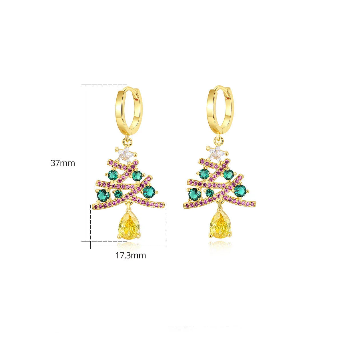 Shimmering gold Christmas tree earrings with colorful rhinestones, a must-have holiday fashion accessory