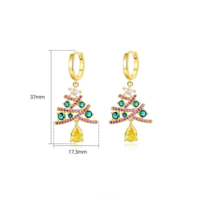 Shimmering gold Christmas tree earrings with colorful rhinestones, a must-have holiday fashion accessory