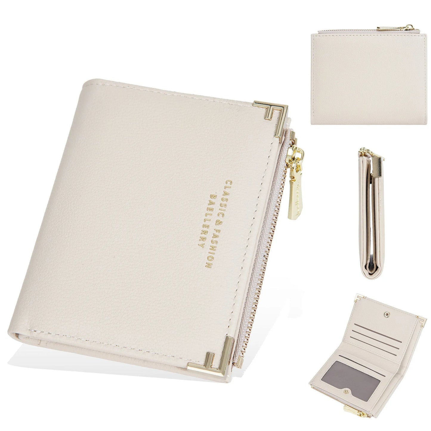Compact women's wallet showing card slots and zipper coin purse in PU leather