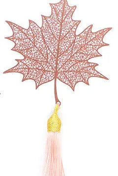 Brass metal bookmark with hollow plating leaf design and rose gold tassel decoration