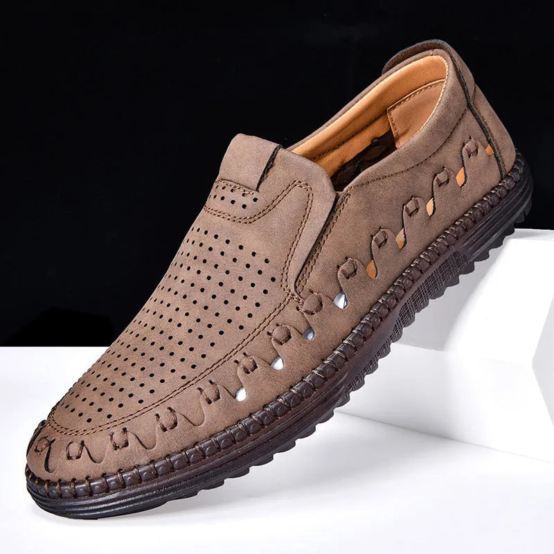 Men's brown slip-on casual shoes with round toe and visible sewing line details