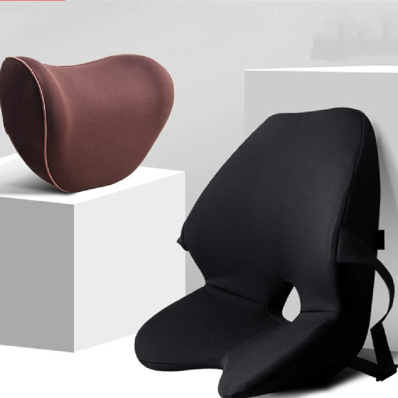 Car waist support cushion with memory cotton padding for lumbar and neck, available in four neutral colours and two style options, including a version with integrated headrest for long journeys.
