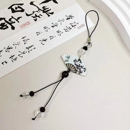 Guofeng style bead keychain with floral pattern and baked varnish finish in Fan colour.