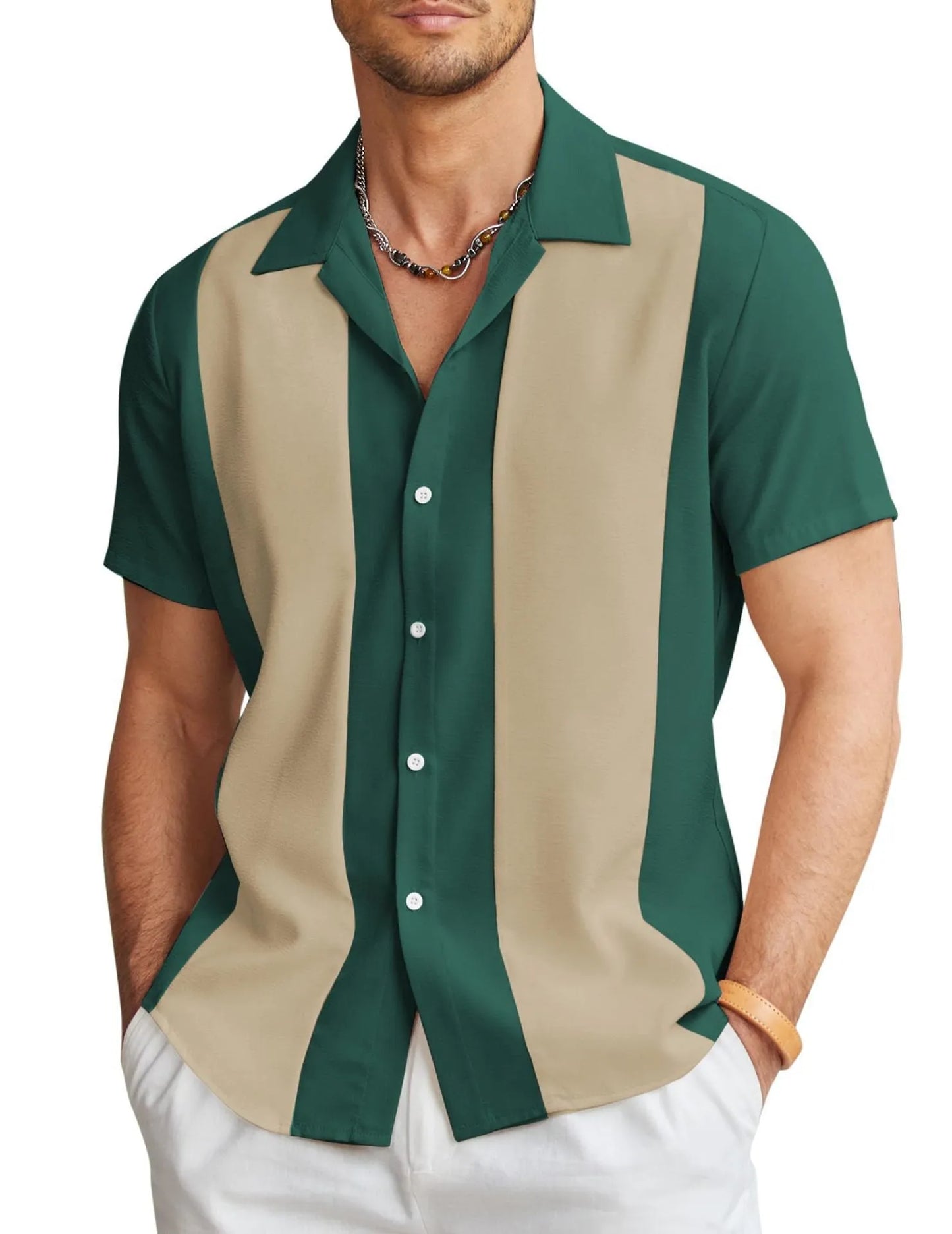 Man wearing a slim fit, short sleeve Hawaiian shirt with a digital print pattern in a casual setting