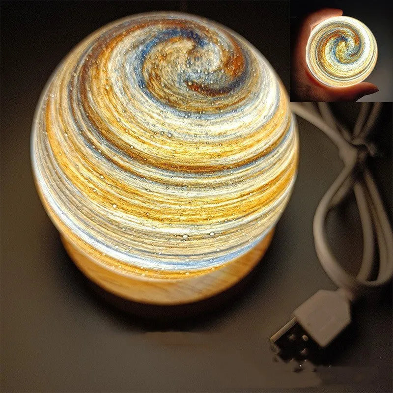 Planet night light with USB cable and base, showing 80mm model and three-colour dimming options