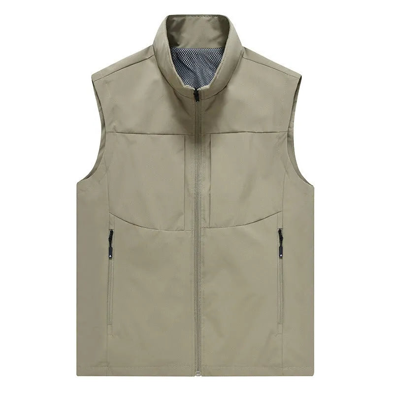 Men's loose fit cardigan vest in khaki with stand collar and zipper pockets