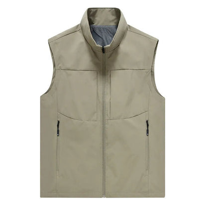 Men's loose fit cardigan vest in khaki with stand collar and zipper pockets
