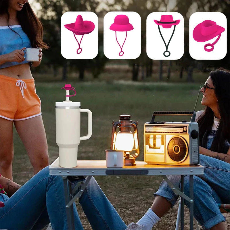 Stylish cowboy hat-shaped straw covers made of food-grade silicone in vibrant macaroon colors for protecting and decorating drinks