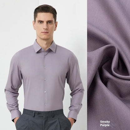 Men's long-sleeved mulberry silk business shirt in light blue with regular cut and cardigan style