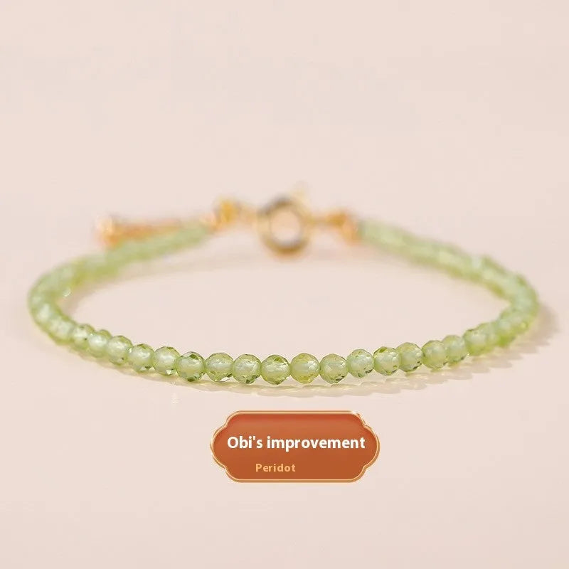 Adjustable natural crystal bracelet with 3mm diamond-cut beads in various gemstone options