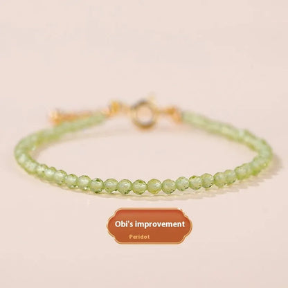 Adjustable natural crystal bracelet with 3mm diamond-cut beads in various gemstone options