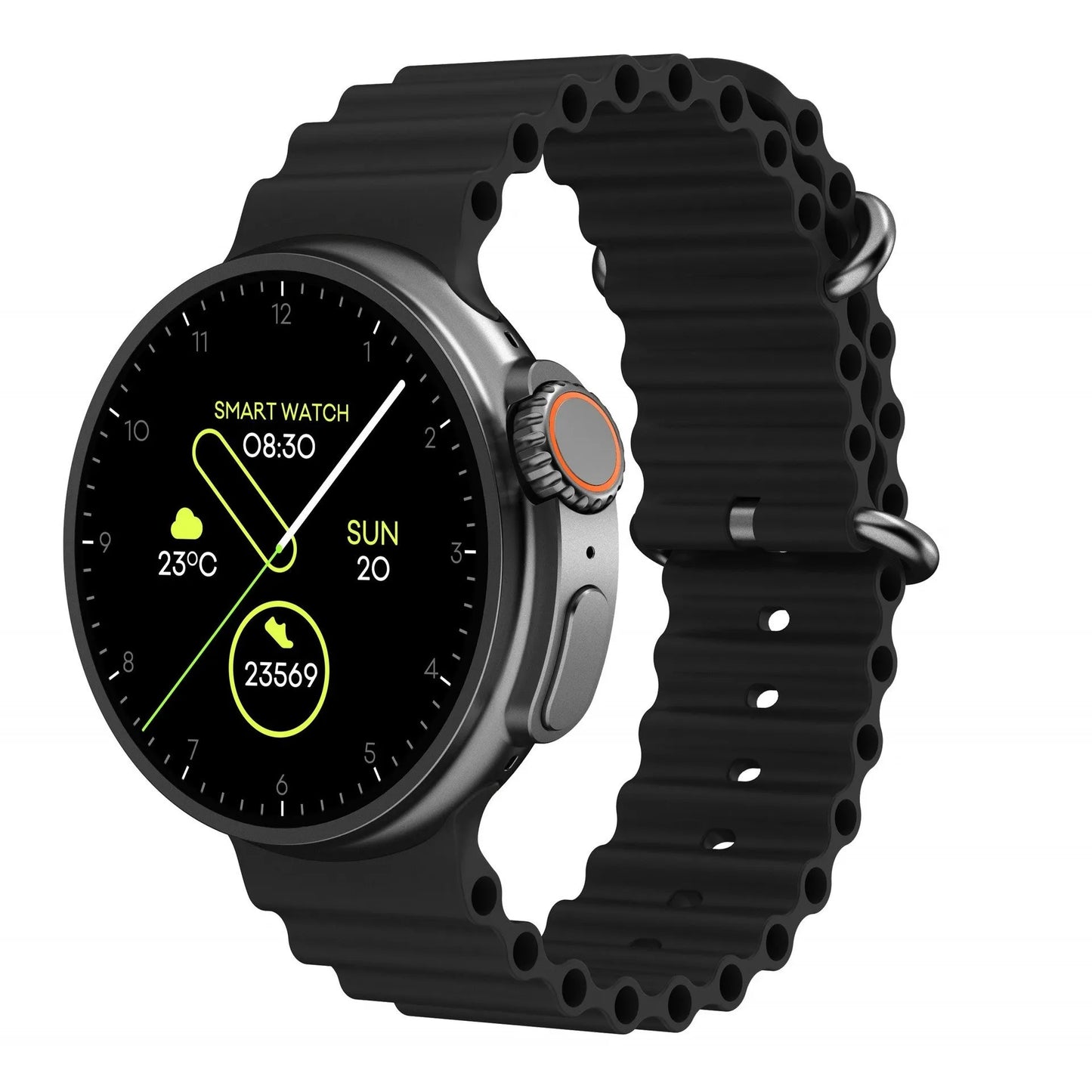 Black K9 smart watch with round screen and silicone strap on wrist