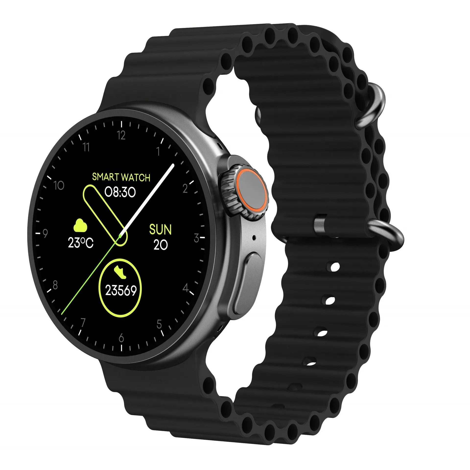 Black K9 smart watch with round screen and silicone strap on wrist