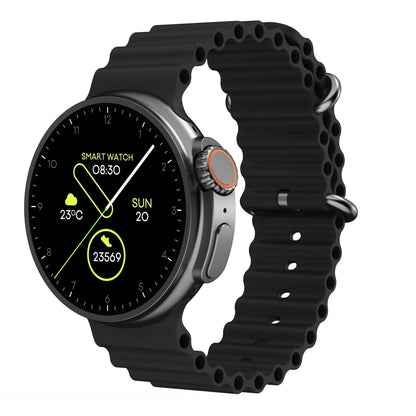 Black K9 smart watch with round screen and silicone strap on wrist