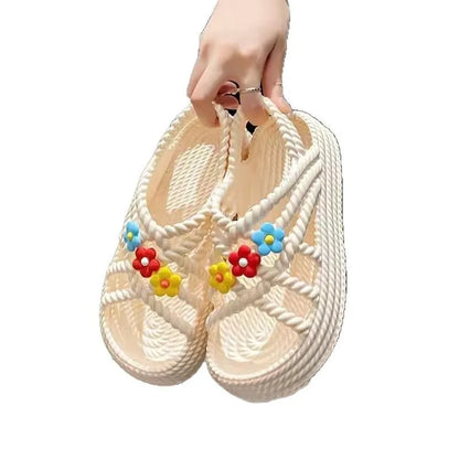 PVC non-slip sandals with round toe and floral decoration in beige colour
