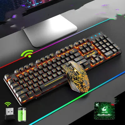 T3 wireless keyboard and mouse set with backlight on a desk, showing black chassis with orange lighting.