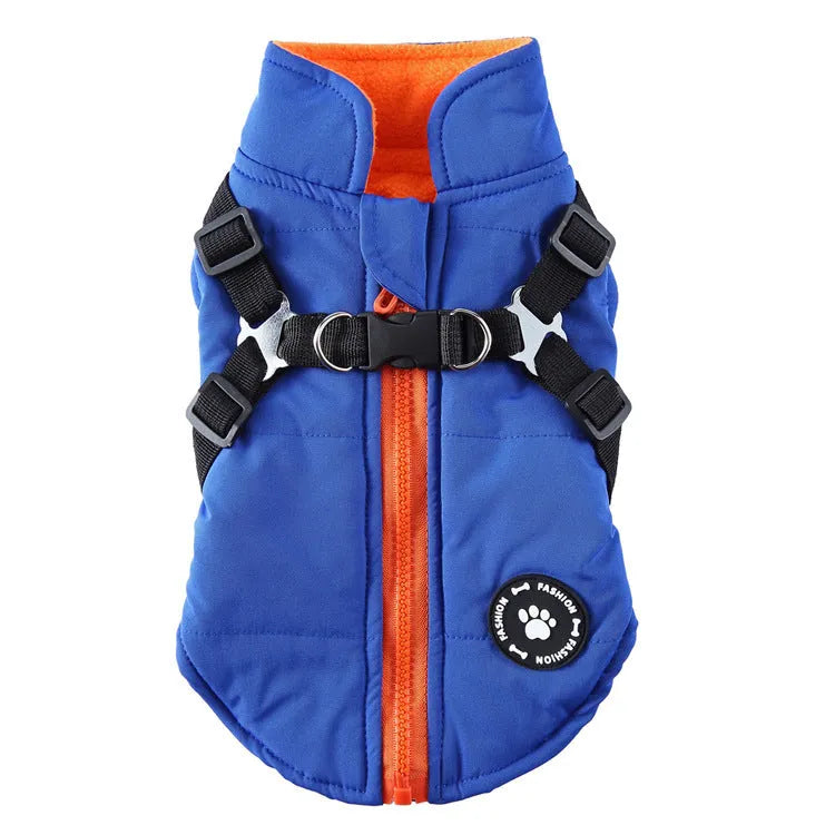 Chest strap dog jacket in polyester material showing harness-style design and cotton-padded construction
